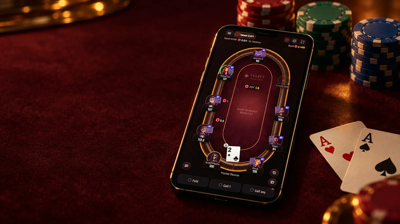 A phone showing the Poker.mt table on burgundy velvet, with chip stacks and two aces